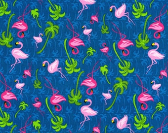 Flamingos On Blue, 100% Cotton Fabric by the Yard, Quilting, Apparel Fabric, Home Decor, Crafts, Green Palm Trees, Shades of Pink Flamingos