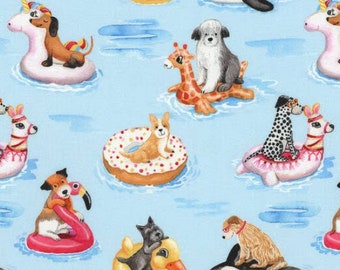 Pool Pups by Robert Kaufman, 100% Cotton Fabric by the Yard,Quilt Fabric, Apparel Fabric,Home Decor, Craft, Dogs Playing in Pool,Pool Floats