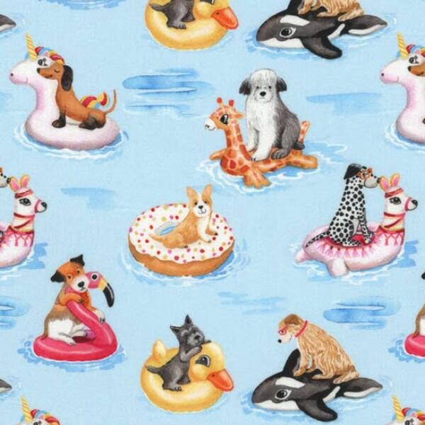 Pool Pups by Robert Kaufman, 100% Cotton Fabric by the Yard,Quilt Fabric, Apparel Fabric,Home Decor, Craft, Dogs Playing in Pool,Pool Floats