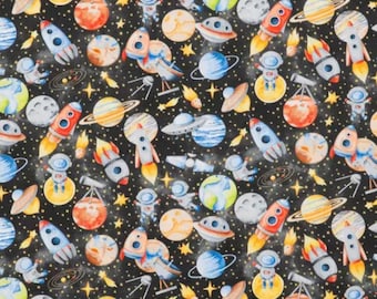 Astronauts, 100% Cotton Fabric by the Yard, Quilting, Apparel, Home Decor, Craft Projects, Astronauts, Rockets, Planets, Black Background