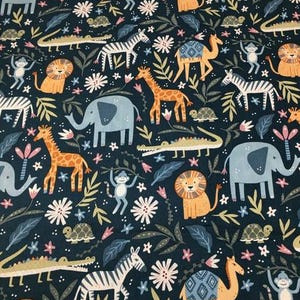 Animal Kingdom, 100% Cotton Fabric by the Yard, Quilting,Apparel, HomeDecor, Crafts, Navy Background, Lions, Elephants, Crocodiles, Giraffes