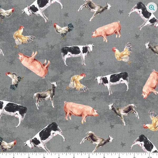Farmhouse Chic, Wilmington Prints, 100% Cotton Fabric,Quilting, Apparel,Home Decor, Craft Projects,Gray Background, Farm Animals,Fat Quarter