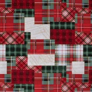 May include: A fabric featuring a patchwork design of various plaid patterns in shades of red, dark green, and white. The textile displays alternating rectangular blocks of tartan, buffalo check, and solid off-white squares with a subtle script print.