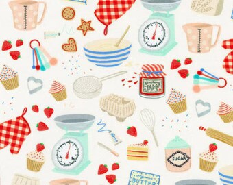 Bakers Kitchen, 100% Cotton Fabric by the Yard, Quilting Fabric, Apparel Fabric, Home Decor, Crafts, White Background, Sugar, Measuring Cups