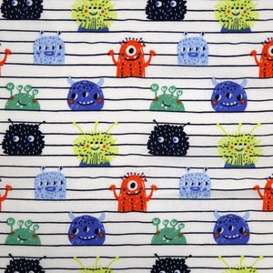 Silly Monsters, 100% Cotton Fabric by the Yard, Quilting, Apparel, Home Decor, Crafts, White Background with Lines, Colorful Monsters