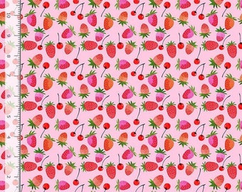 Cherries and Berries by Dear Stella, 100% Cotton Fabric by the Yard, Quilting, Apparel, Home Decor, Craft Projects, Pink Background, Food