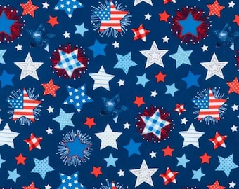 Patterned Stars, 100% Cotton Fabric by the Yard, Quilting, Apparel, Home Decor, Craft Projects,4th of July, Patriotic, Stars,Navy Background