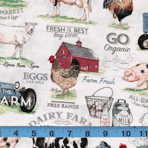 Farm Life, 100% Cotton Fabric by the Yard, Quilt Fabric, Apparel Fabric,HomeDecor Fabric,Crafts, Cream Background,Tractors, Barns,Cows, Pigs