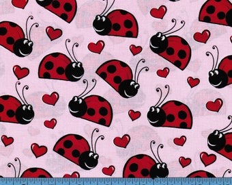 Happy Ladybugs on Pink, 100% Cotton Fabric by the Yard, Quilting,Apparel, Home Decor, Crafts,Smiling Ladybugs with Hearts on Pink Background