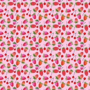 Cherries and Berries by Dear Stella, 100% Cotton Fabric by the Yard, Quilting, Apparel, Home Decor, Craft Projects, Pink Background, Food
