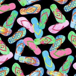 May include: A black background with a repeating pattern of colorful flip flops. The flip flops are in various patterns, including plaid, tropical leaves, and geometric designs. The flip flops are in shades of blue, green, pink, yellow, and orange.