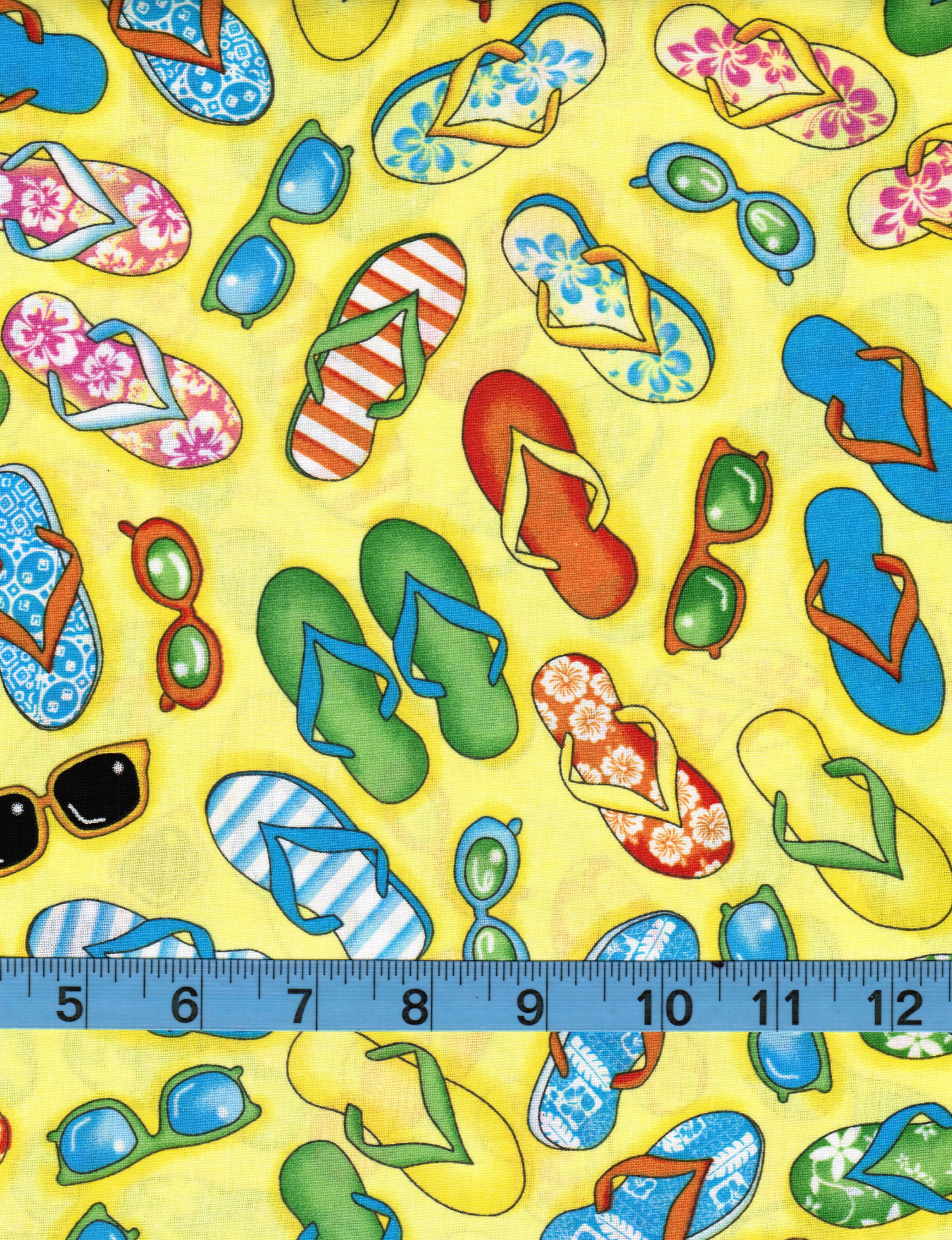 Flip Flops and Sunglasses on Yellow 100% Cotton Fabric by the | Etsy