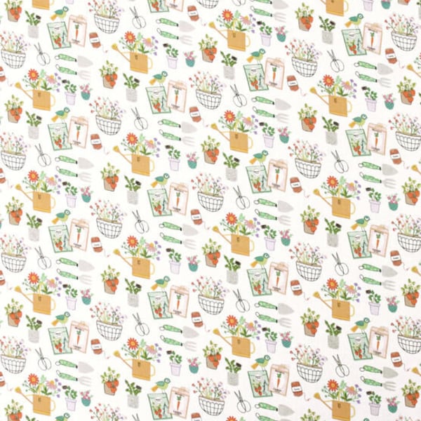 Gardening Time, 100% Cotton Fabric by the Yard, Quilt Fabric, Apparel Fabric, Home Decor, Craft Projects, Garden Tools, Watering Can,Flowers