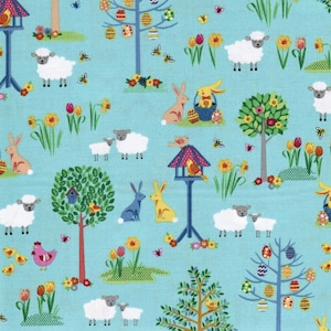 May include: A blue fabric with a repeating pattern of Easter-themed illustrations. The pattern includes bunnies, chicks, sheep, trees, flowers, and eggs. A measuring tape is at the bottom of the image.