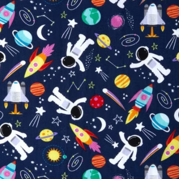Blue Space Explorer, Robert Kaufman, 100% Cotton Fabric by the Yard, Quilting, Apparel, Home Decor, Crafts, Astronauts, Rockets, Planets
