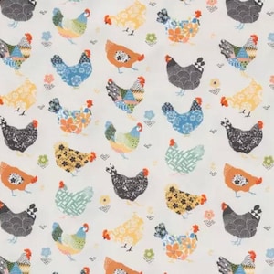 May include: A white background with a repeating pattern of colorful chickens. The chickens are all different designs and colors, including black, white, blue, green, yellow, and orange.