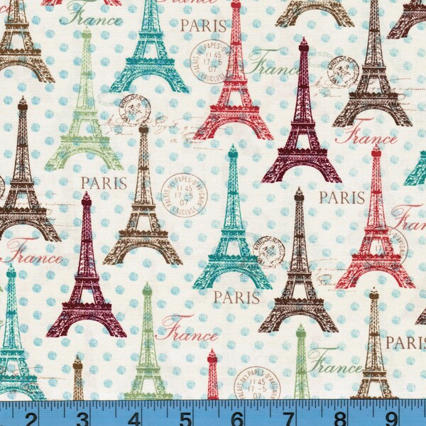 Four Seasons Paris Eiffel Tower, 100% Cotton Fabric, Quilting Fabric, Apparel Fabric, Home Decor, Crafts, Eiffel Tower, Blue Dots, Half Yard