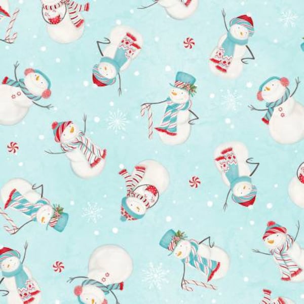 Frosty Merry-Mints: Teal Snowmen Toss, Wilmington Prints, 100% Cotton Fabric by the Yard,Quilting,Apparel, Home Decor,Crafts, Holiday Print