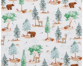 Woodland Critters, 100% Cotton Fabric by the Yard, Quilt Fabric, Apparel Fabric, Home Decor, Crafts, Bear, Deer, Fox, Trees, Mushrooms, Sun