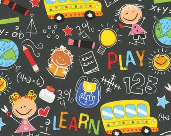 School Kids, Robert Kaufman,100% Cotton Fabric by the Yard, Quilting,Apparel Fabric, HomeDecor,Crafts, Back to School,Bus, Backpack, ABC 123