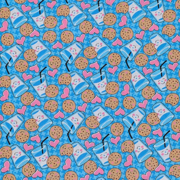 Cookies and Milk, 100% Cotton Fabric by the Yard, Quilting, Apparel, Home Decor, Crafts, Blue Background, Hearts, Smiley Face, Retro Look