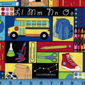 May include: A colorful fabric pattern featuring school-themed illustrations. Includes a yellow school bus, a blue backpack, a red high-top sneaker, and the word "Constellations". Also features books, sports equipment, and the alphabet.