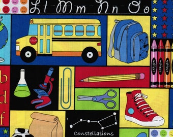 Back to School Patch, 100% Cotton Fabric by the Yard, Quilt Fabric, Apparel Fabric, Home Decor, Craft Projects, School Bus, Alphabet, Books