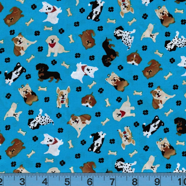 Pups on Teal Tossed, 100% Cotton Fabric by the Yard,Quilting, Apparel,Home Decor, Crafts,Paw Prints,Hi-Fashion Fabrics by Timeless Treasures