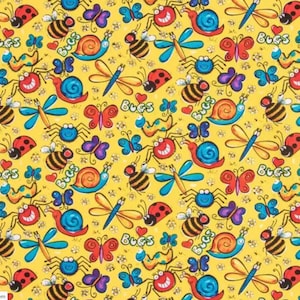 Happy Bugs, 100% Cotton Fabric by the Yard, Quilt Fabric, Apparel Fabric,Home Decor,Crafts,Colorful Bugs, Yellow Background,Animated Insects