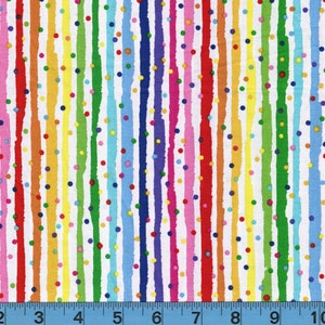 Rainbow Dots and Stripes, 100% Cotton Fabric by the Yard, Quilt Fabric, Apparel Fabric, Home Decor, Craft Projects, White Background, Bright