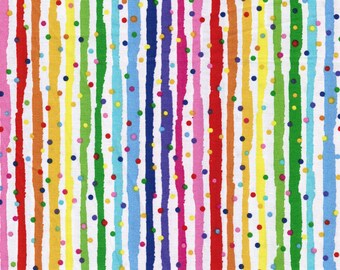 Rainbow Dots and Stripes, 100% Cotton Fabric by the Yard, Quilt Fabric, Apparel Fabric, Home Decor, Craft Projects, White Background, Bright