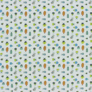 May include: A white background with a repeating pattern of colorful beetles. The beetles are in various shades of blue, green, orange, and yellow. The beetles are all facing the same direction and have a simple, cartoon-like design.