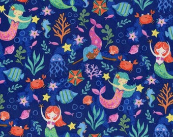 Underwater Mermaids, 100% Cotton Fabric by the Yard, Quilt Fabric, Apparel Fabric, Home Decor, Crafts, Blue Background, Colorful Fish, Coral