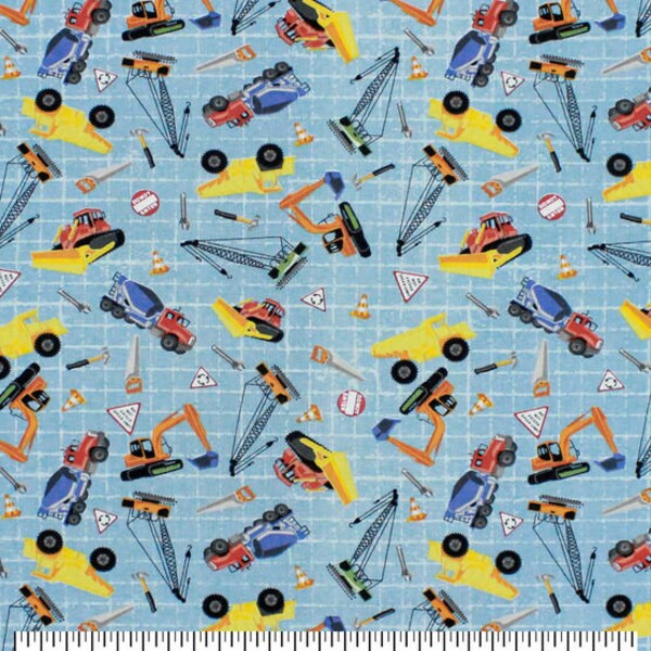 Transportation On Blue, 100% Cotton Fabric by the Yard, Quilt Fabric, Apparel Fabric, Home Decor, Crafts, Dump Truck, Crane, Blue Background