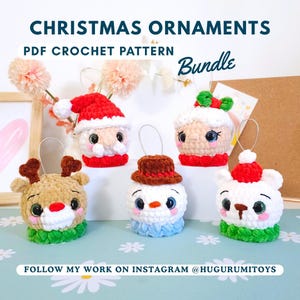 May include: Five handmade crochet Christmas ornaments are displayed. The ornaments include a Santa, a reindeer, a snowman, a cupcake, and a bear, all with festive details. The image text reads "CHRISTMAS ORNAMENTS PDF CROCHET PATTERN Bundle".