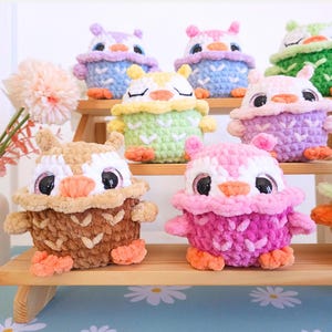 Pu&ograve; includere: Una collezione di gufi di peluche all'uncinetto colorati. Ogni gufo presenta grandi occhi scintillanti, un becco e piccoli ciuffi di orecchie. I gufi sono in vari colori, tra cui marrone, rosa, viola, blu e verde, e sono disposti su mensole di legno.