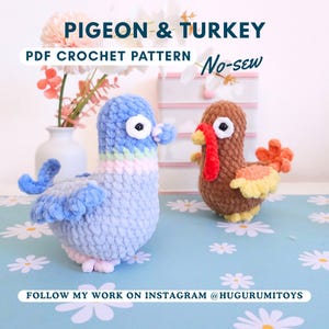 2 in 1 No-sew Crochet patterns - Perry the pigeon and Percy the turkey - Amigurumi animals bird- Hugurumitoys