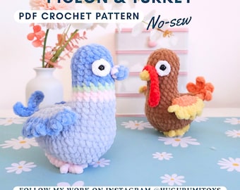 2 in 1 No-sew Crochet patterns - Perry the pigeon and Percy the turkey - Amigurumi animals bird- Hugurumitoys