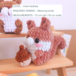Op de afbeelding: Een gehaakte eekhoorn in bruin, wit en roze, met een eikel. De eekhoorn is 12 cm hoog en 16 cm breed. De afbeelding bevat tekst met "LEVEL - Intermediate" en "REQUIRED SEWING - Weaving ends".