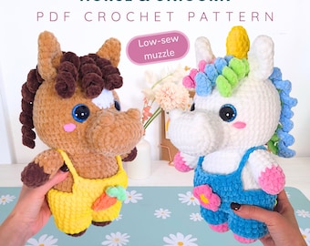 Horse & Unicorn Amigurumi Pattern PDF – 2-in-1 Crochet Animal with Removable Overalls, Low-Sew Muzzle