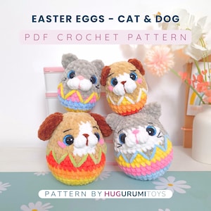 May include: Four crocheted Easter egg ornaments, two cat and two dog designs. The eggs are decorated with colorful yarn in shades of blue, yellow, pink, orange, and green. The text "EASTER EGGS - CAT & DOG PDF CROCHET PATTERN" is at the top.