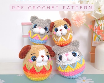 Cat & Dog Easter Eggs PDF Crochet Amigurumi Pattern - 4 in 1 - 2 no-sew 2 low-sew