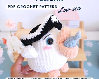 Crochet Pelican Pattern: Low-Sew Amigurumi with Hats (PDF Pattern) Fast Amigurumi Market best seller