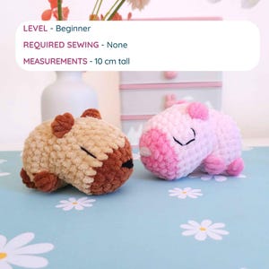 Pu&ograve; includere: Due peluche di capibara all'uncinetto, uno beige e marrone, l'altro rosa e bianco. Il capibara beige ha la faccia e le orecchie marroni, mentre quello rosa ha dettagli rosa. Il testo sull'immagine dice "LIVELLO - Principiante", "CUCITO RICHIESTO - Nessuno", e "MISURE - 10 cm di altezza".