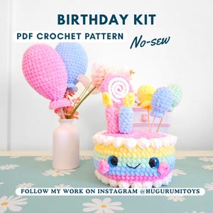 Birthday Cake Crochet Pattern PDF – Party Amigurumi Kit with Candles, Balloons, Lollipops & Wearable Party Hat