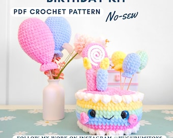 Birthday Cake Crochet Pattern PDF – Party Amigurumi Kit with Candles, Balloons, Lollipops & Wearable Party Hat