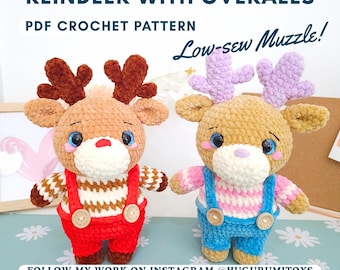 Reindeer with Overalls Amigurumi Crochet Pattern PDF – Low-Sew Muzzle - Christmas Best Seller
