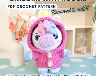 Unicorn with Hoodie Crochet Pattern - Amigurumi Plush Toy DIY Tutorial, Cute Stuffed Animal Soft Toy Gift, Hugurumitoys Design
