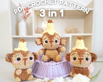 3 in 1 Crochet patterns - Monkeys plushies - Regular + Low-sew options amigurumi - Hugurumitoys
