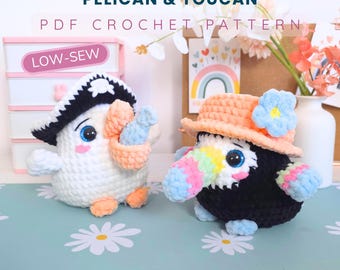 Crochet Pattern 2 in 1 Low-Sew Bird Pelican and Toucan  | Fast & Easy Amigurumi with 3 Hats | Beginner-Friendly Plush for Spring
